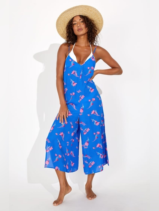Lulus Pants - Lulu's Tropical Time Cobalt Blue Floral Print Swim Cover-Up Jumpsuit, Size Small